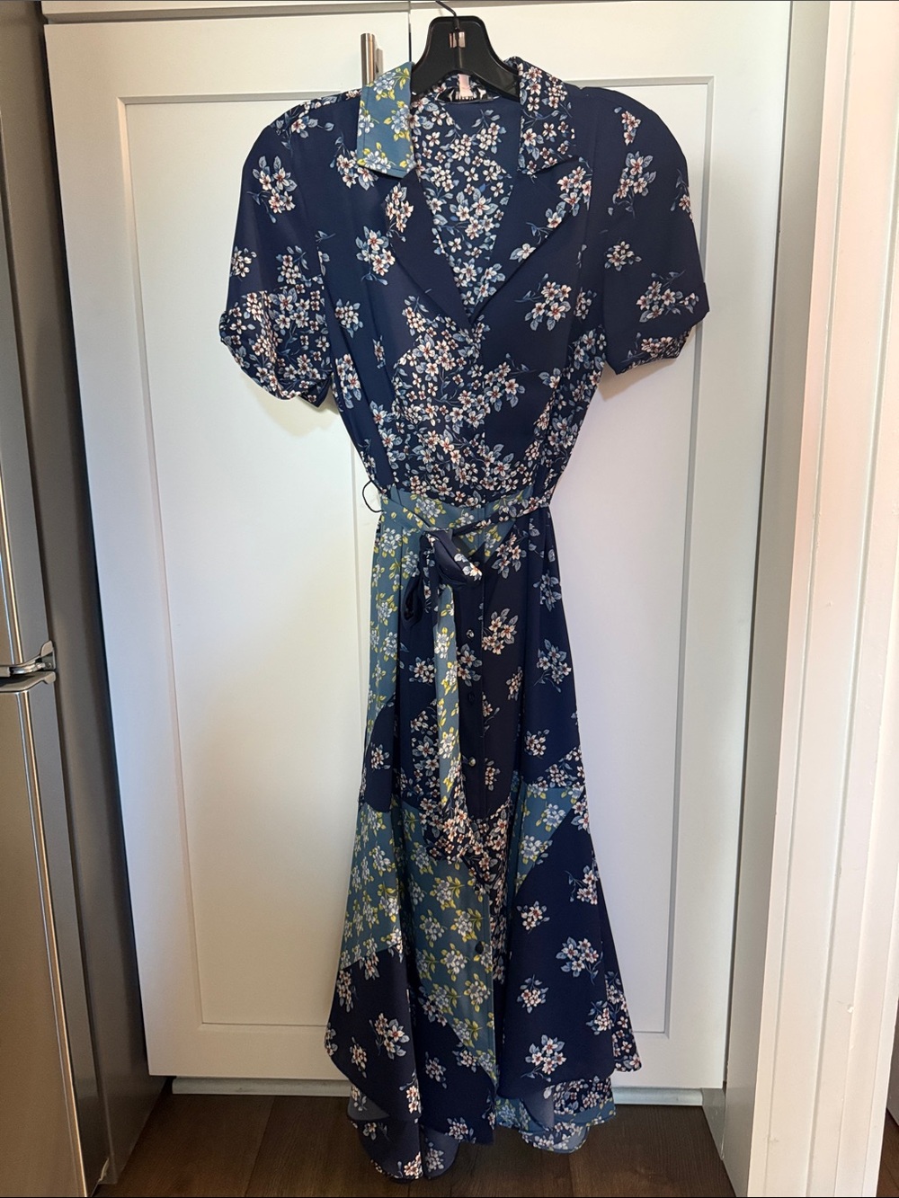Nanette Lepore Navy Floral Wrap Maxi with Puff Sleeves
